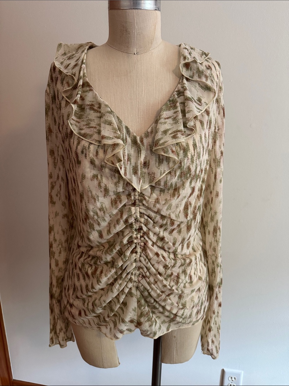 CAbi Olive & Cream Ruffle V-Neck Ruched Blouse